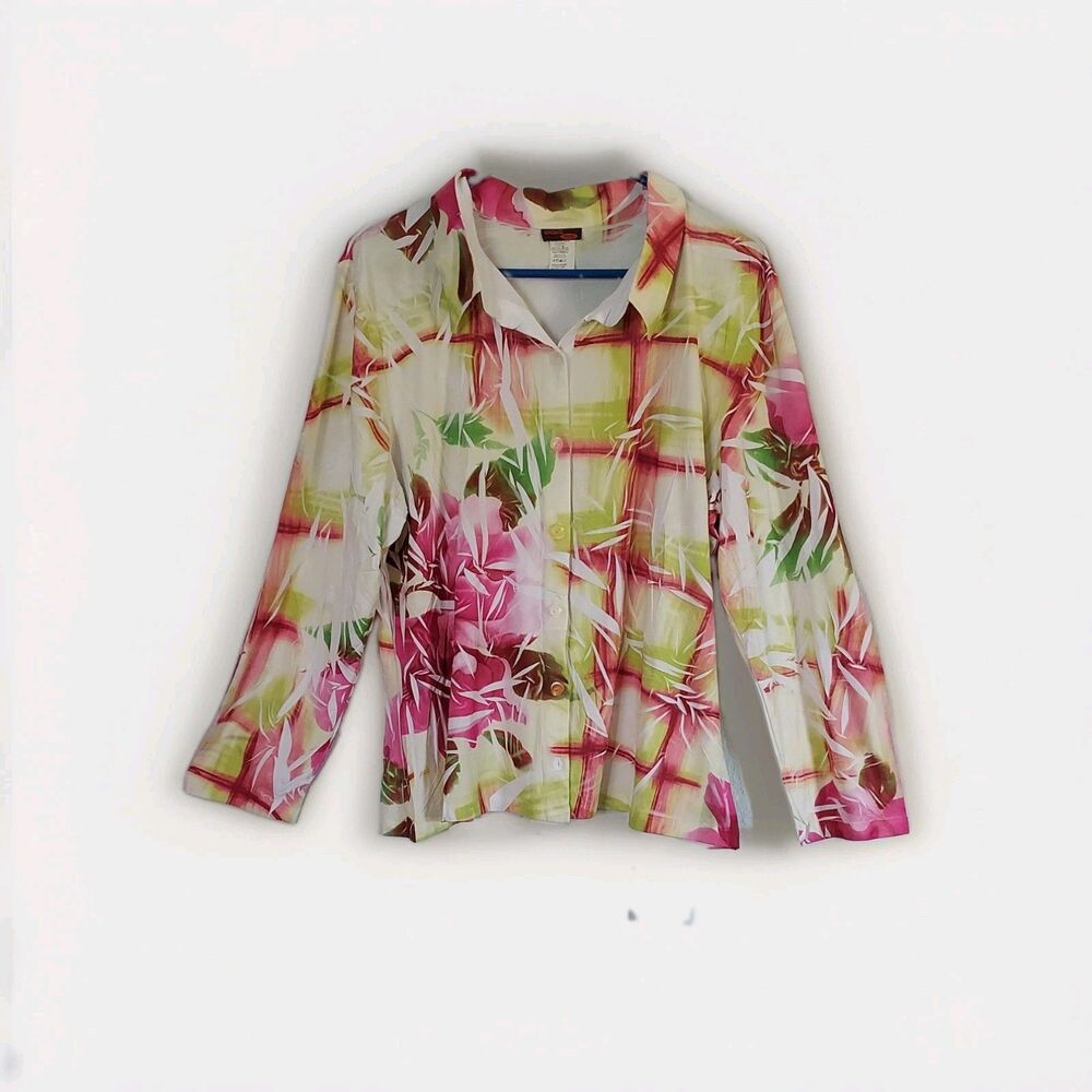 Vintage Y2K Exquz Plus Size 3XL Button-Up Shirt  Poly Stretch Printed Green Pink